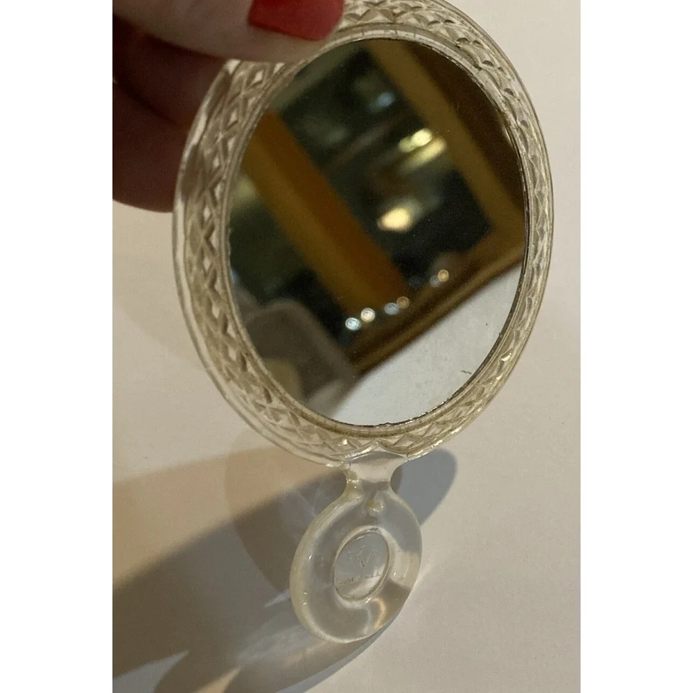 Victorian VV's Clear Lucite Hand Mirror Artistic Romantic Vanity Woman Made USA